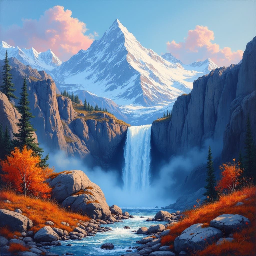 Majestic Snow-Capped Mountains With Huge Waterfall in Impast...