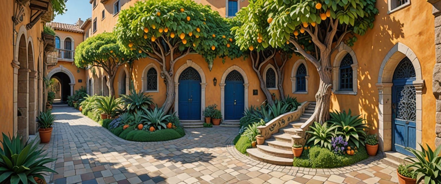 Watercolor Alleyway Scene with Ghibli and Gaudi Influences