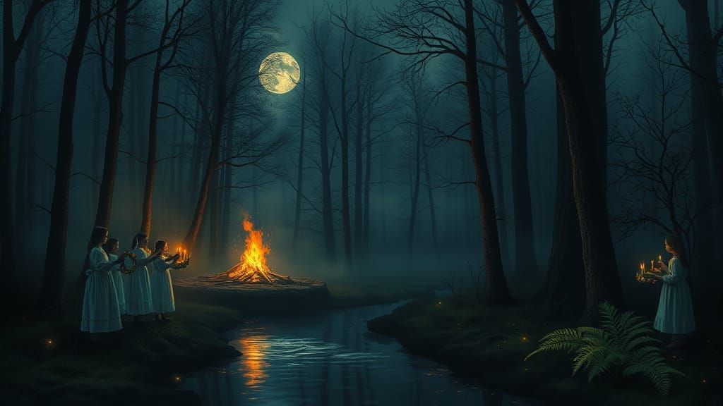 Mysterious Ivan Kupala Night in a Dark Enchanted Forest