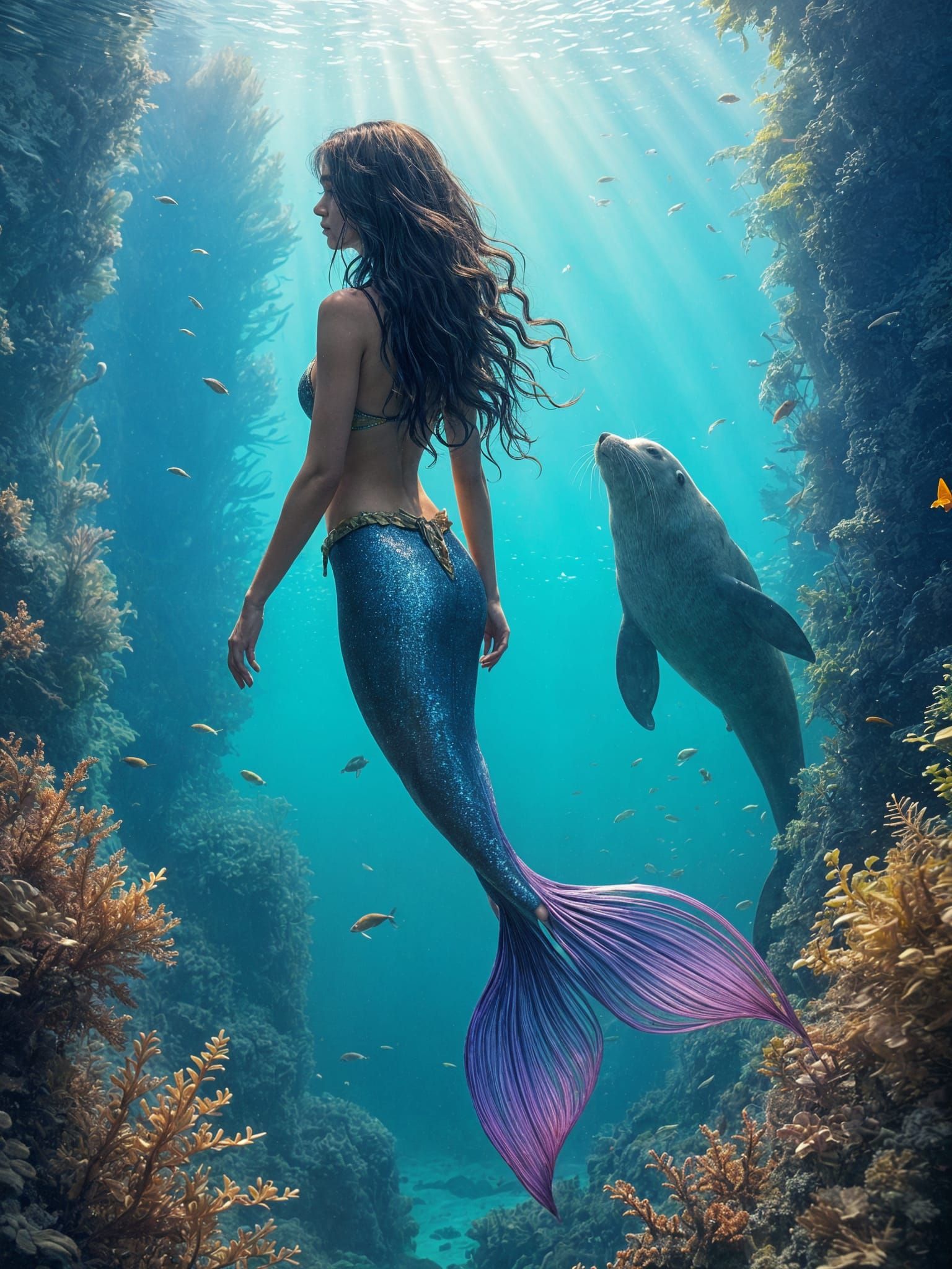 Underwater Mermaid Scene with Sea Life