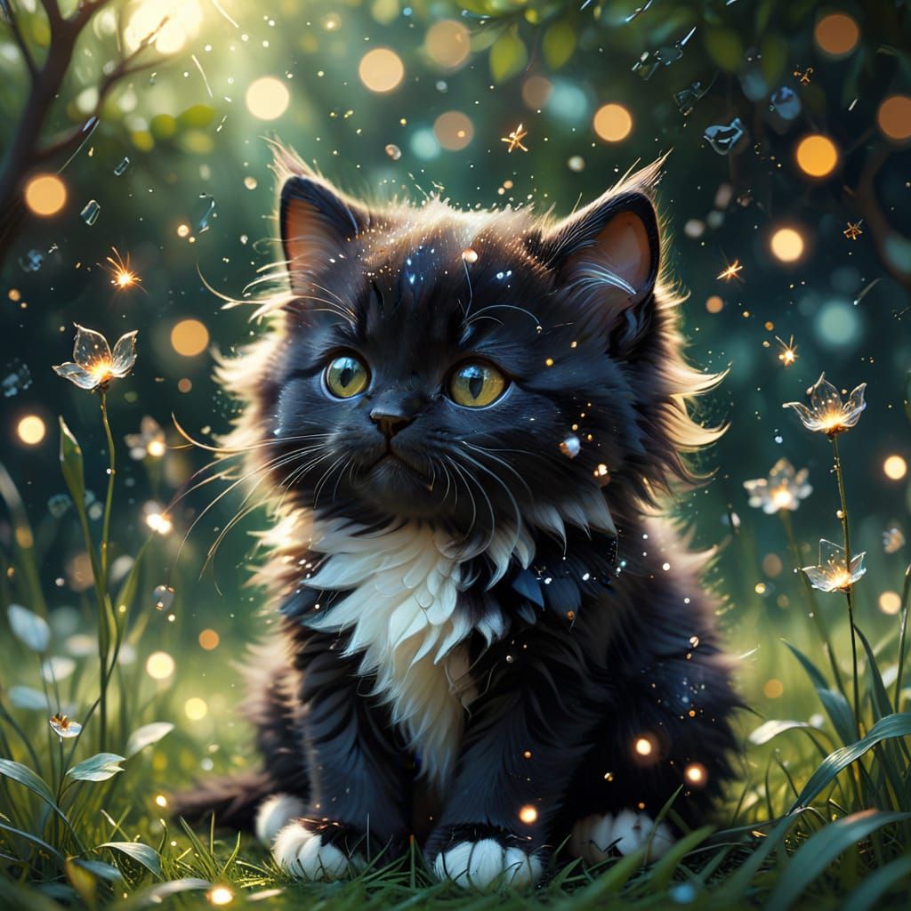 Adorable Chibi Kitten with Glowing Stars, Oil Painting Style