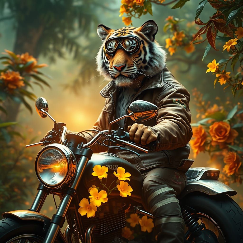 Majestic Tiger Motorist in Futuristic Landscape
