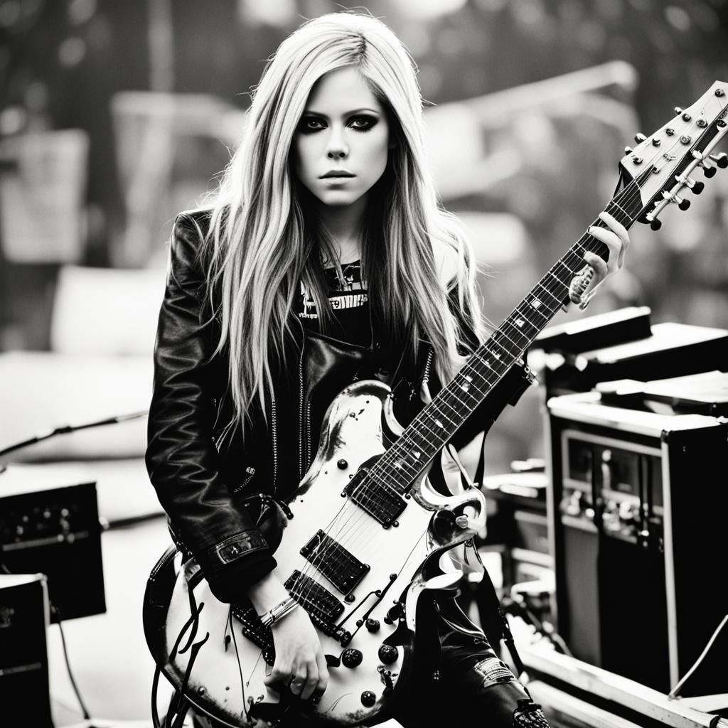 Avril Lavigne Black and White Portrait with Guitar