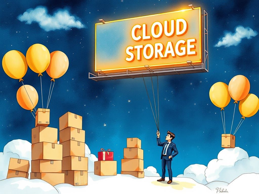 Whimsical Cloud Storage Scene in Vibrant Watercolor Style