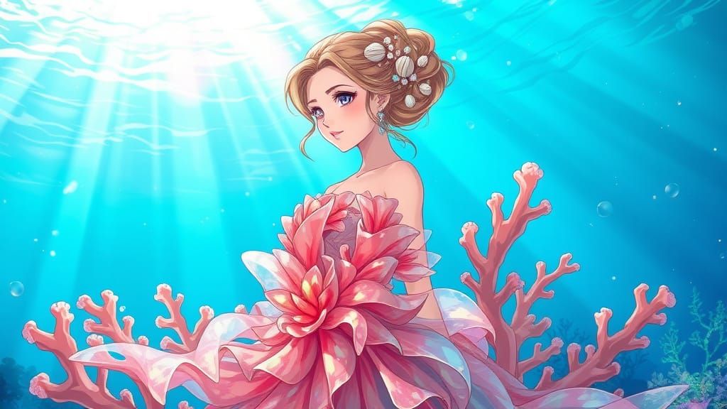 Woman in Iridescent Glass Coral Dress Underwater