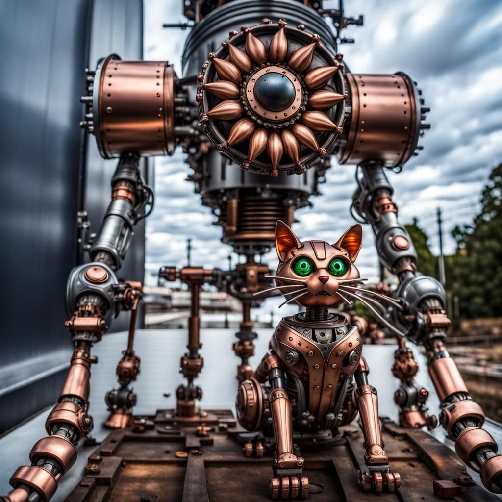 Titanium and copper metal giant robot Sunflower, robot cat, robot mice, steampunk engine, cohesive and complete,  intric...