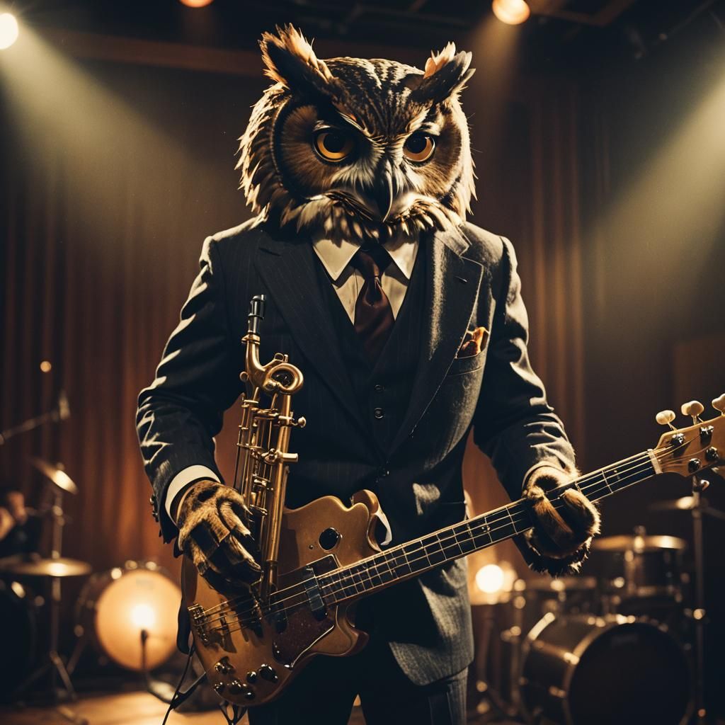 Owl Jazz Bassist in Moody Film Noir Style