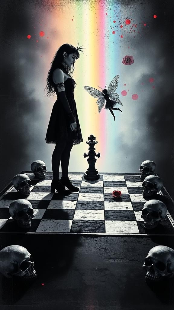 Goth Woman on Chessboard in Childlike Surreal Style