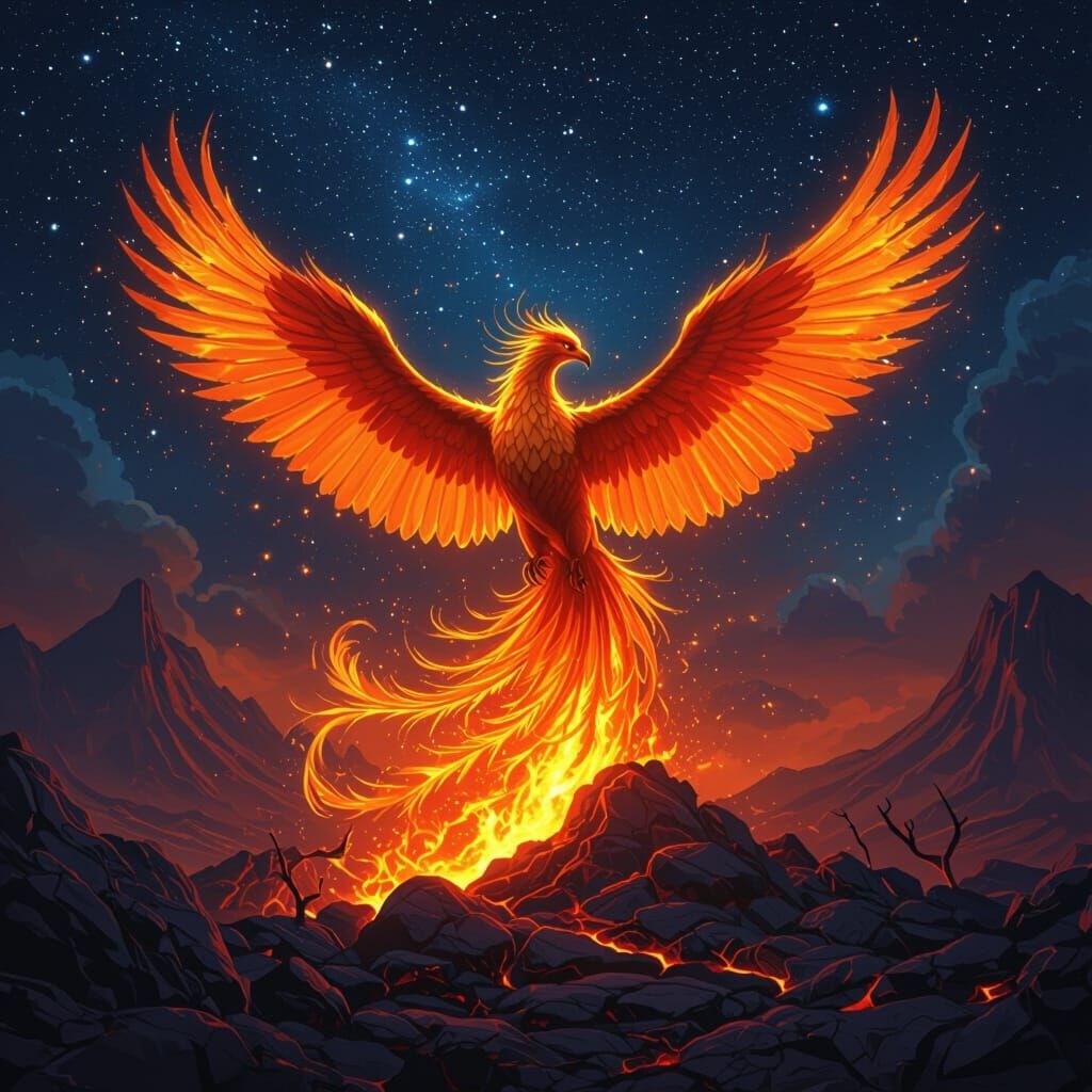 Majestic Phoenix Rising in Volcanic Landscape