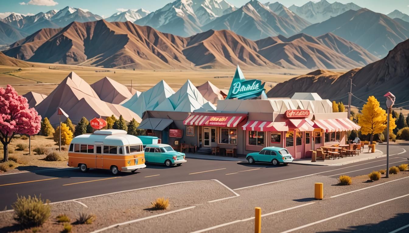 Cozy Diner and Van in Origami Papercraft Style