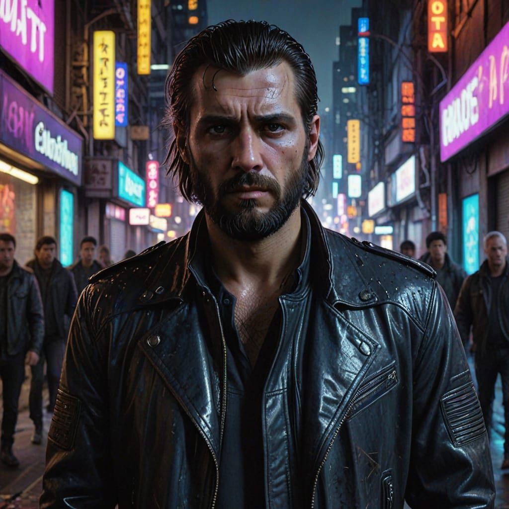 Cyberpunk Hero Stands Tall Amidst Neon City Streets