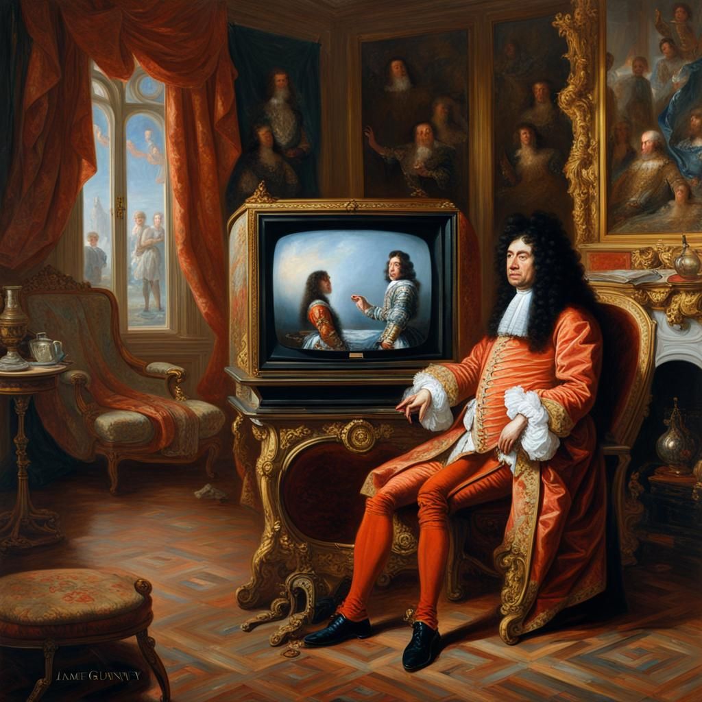 Louis XIV Watches OLED TV: Oil Painting