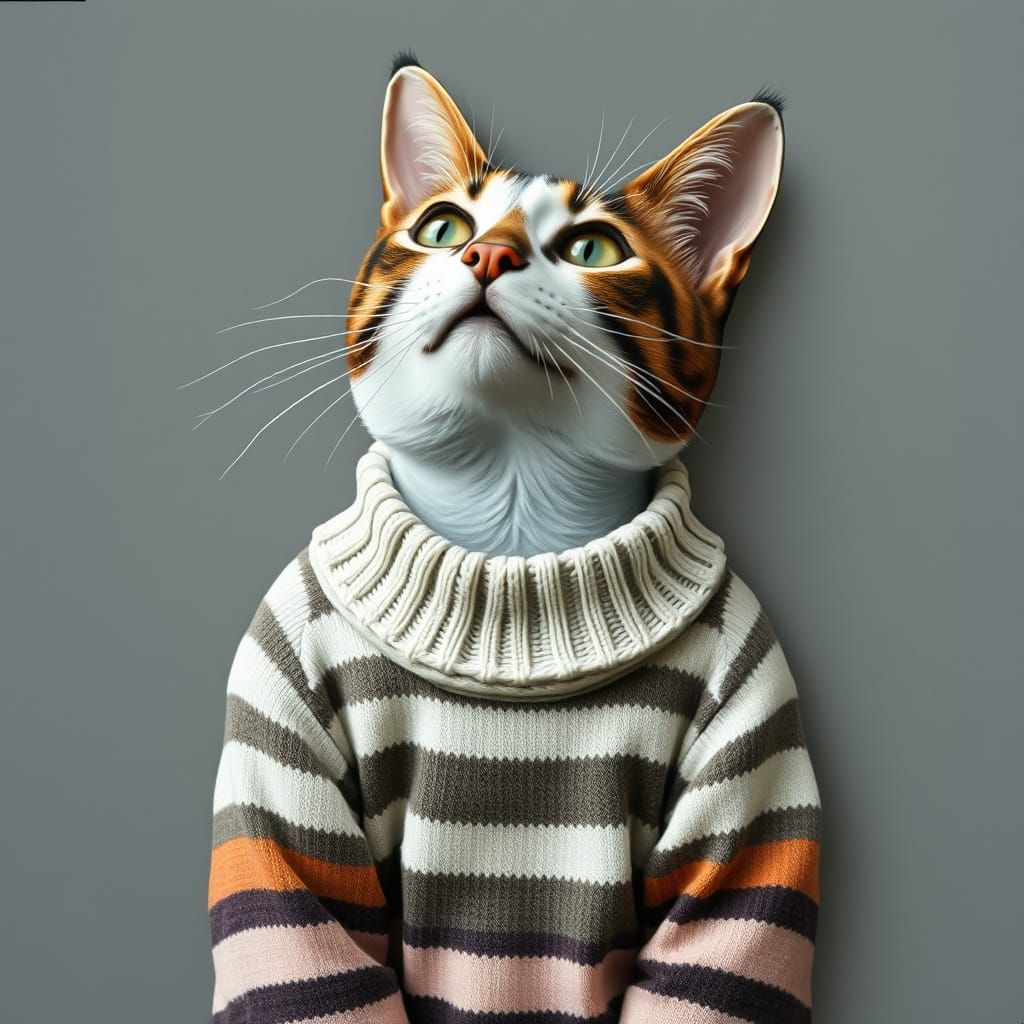 Surrealist Cat Wears Striped Sweater in 3D Collage