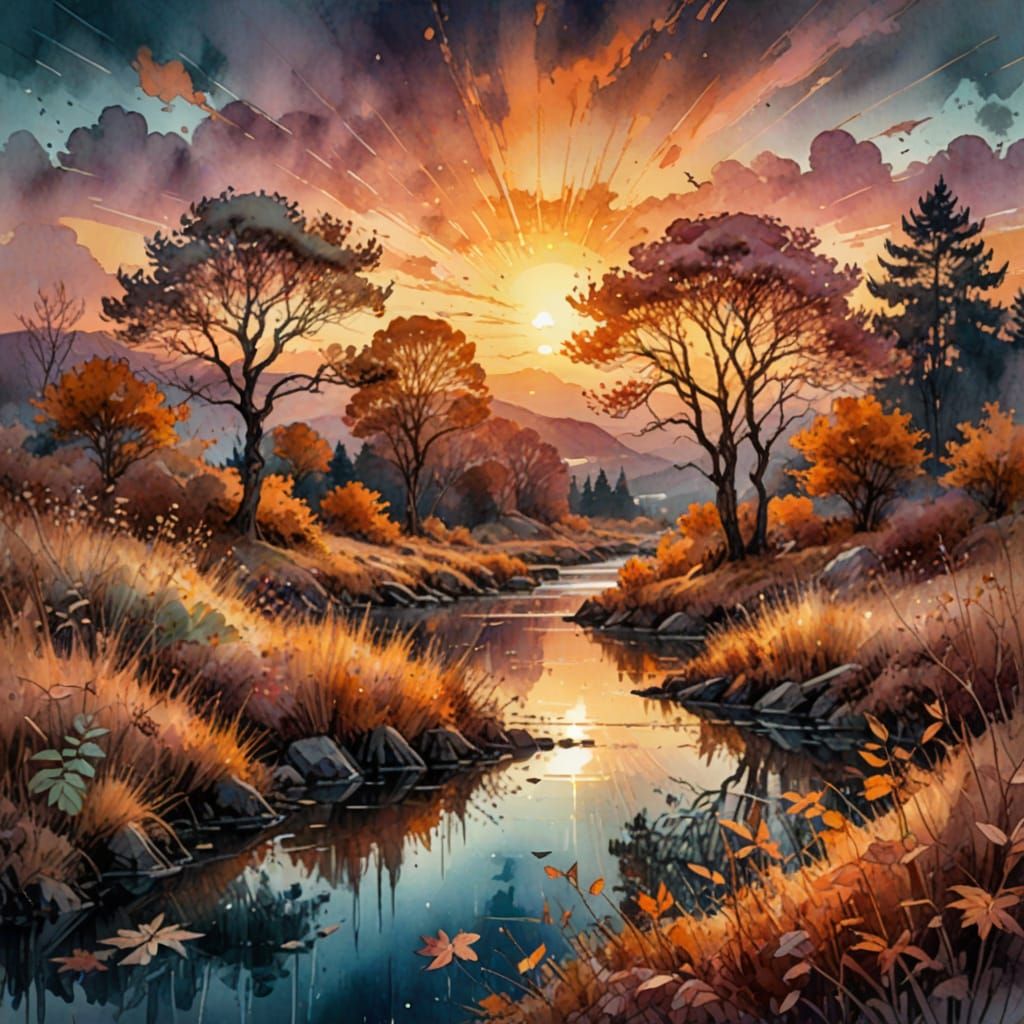 Dreamlike Autumn Sunset in Stylized Watercolor