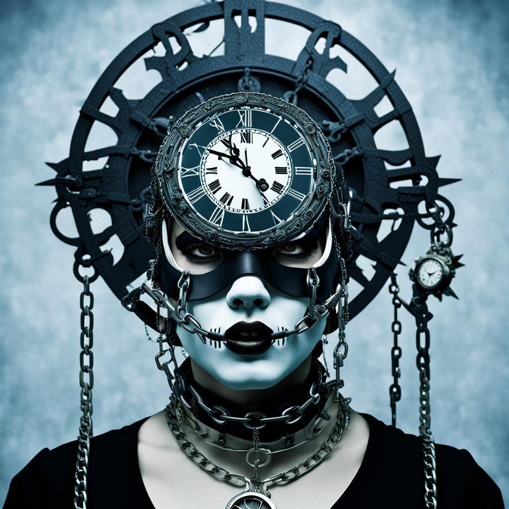 Masked Woman with Clock in Cyberpunk Style