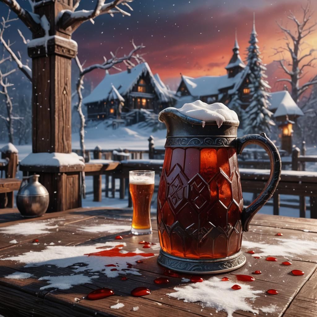 Frozen Beer Pitcher on Bloody Table in Snow