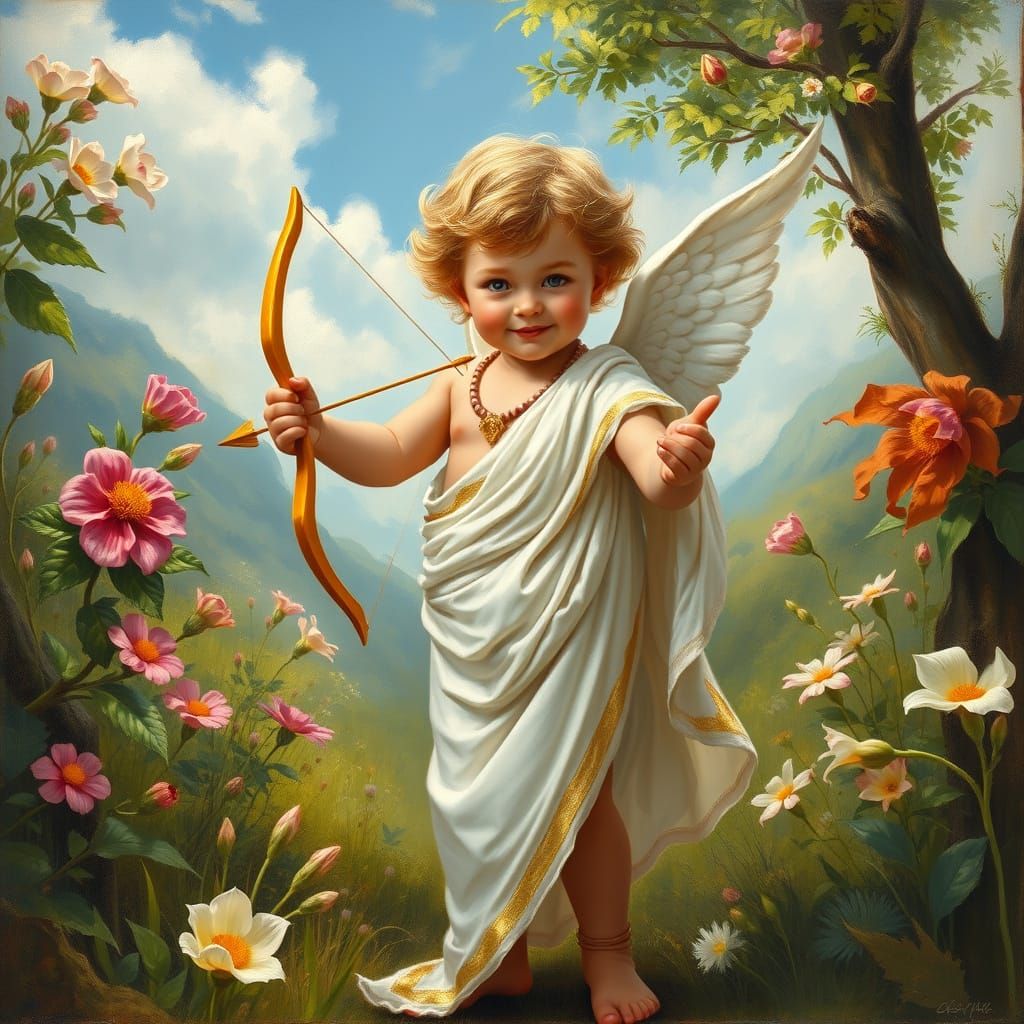 Whimsical Cupidon Amidst Vibrant Landscape