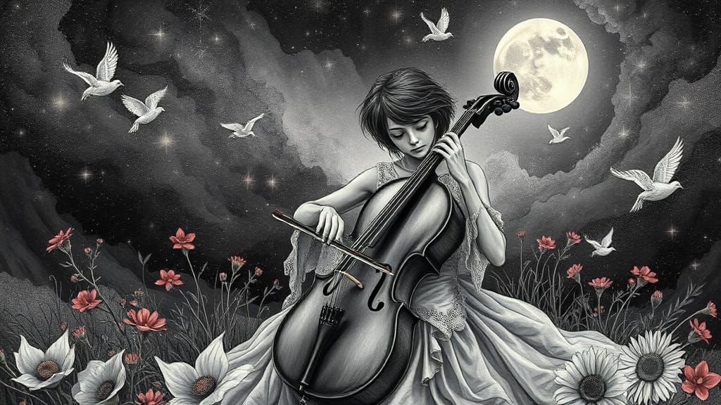 Dreamlike Woman Plays Cello Amidst Celestial Whispers