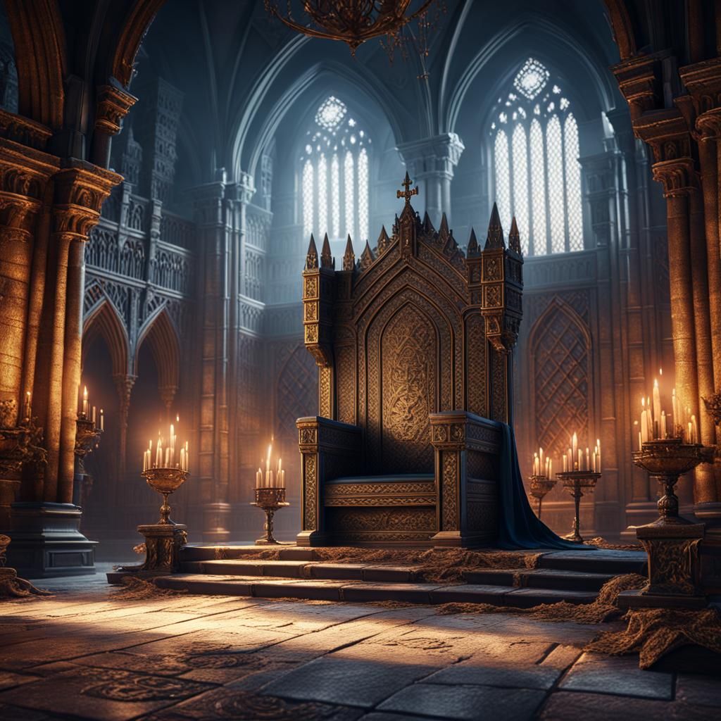 Empty Throne in Dimly Lit Medieval Chamber