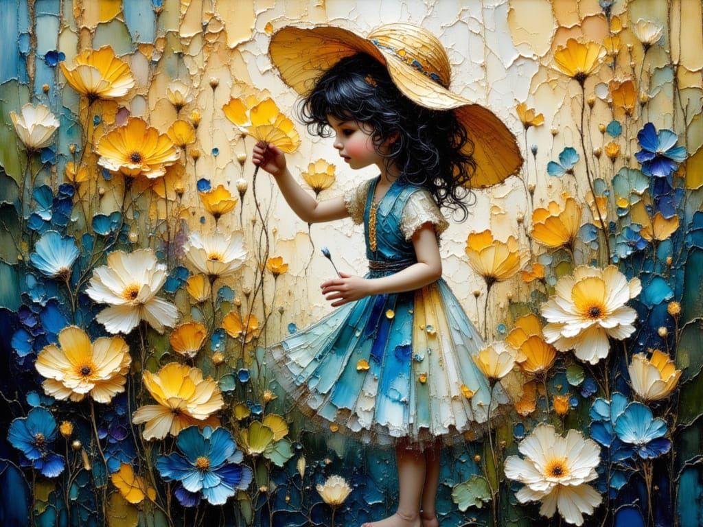 Young Girl Picking Flowers in Impasto Style