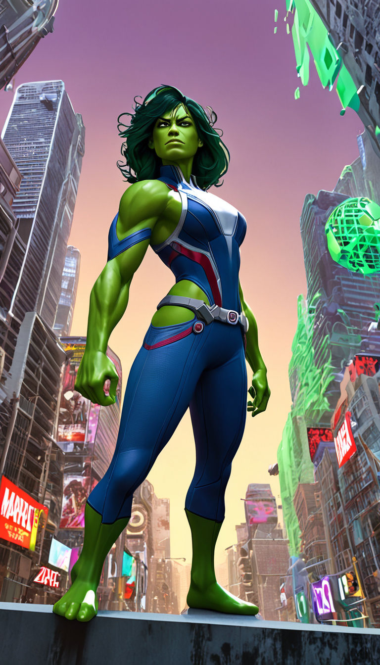 Cyberpunk She Hulk in Futuristic Cityscape