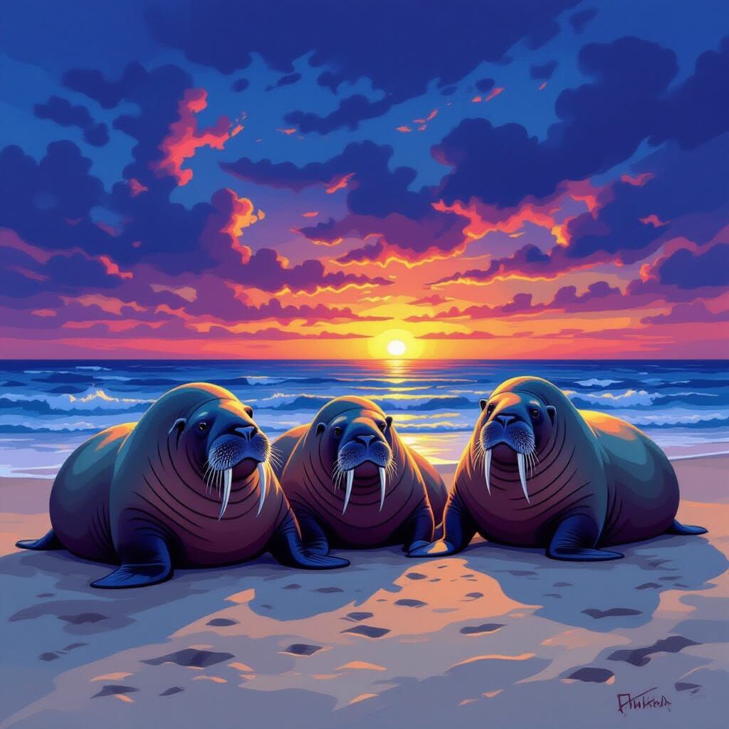 Three Walruses at Dusk on Beach in Frida Kahlo Style