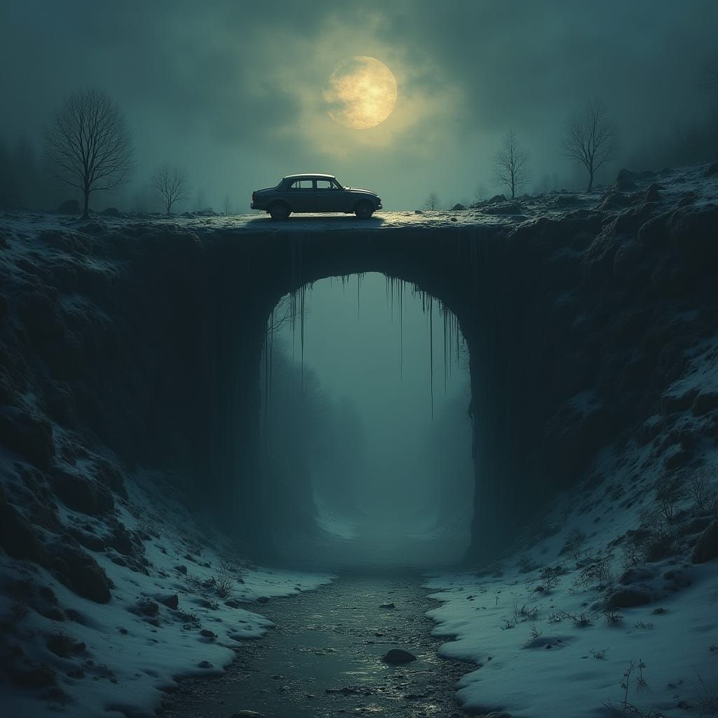 Car Plunging into Abyss in Surreal Landscape