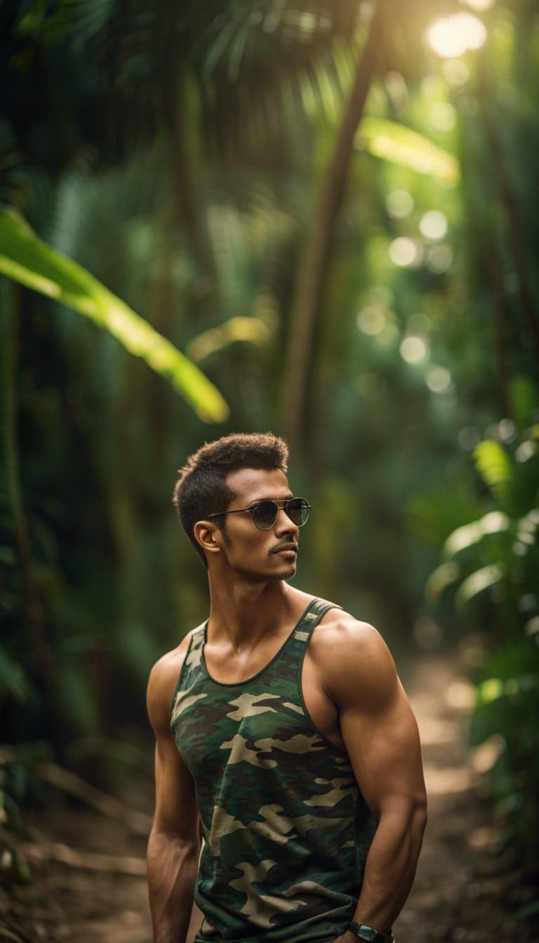 Handsome Man in Jungle with Dreamlike Lighting