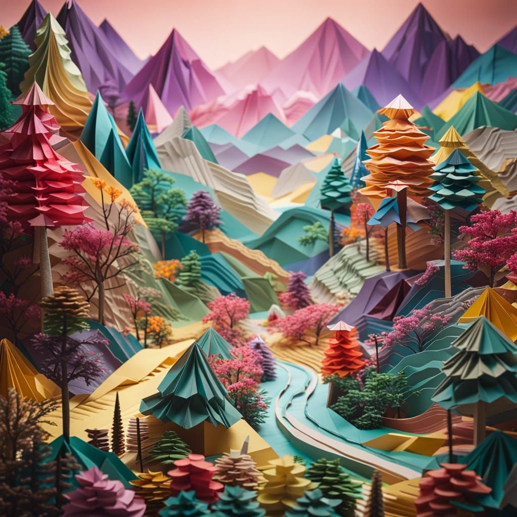 Vibrant Origami Landscape Panorama in Papercraft Style