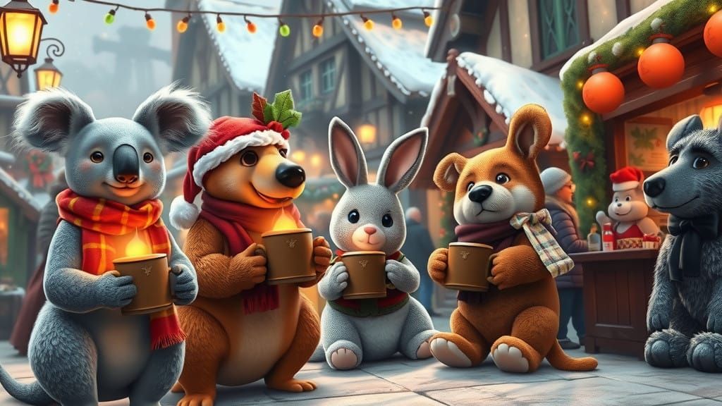 Vibrant Christmas Market Scene with Anthropomorphic Animals