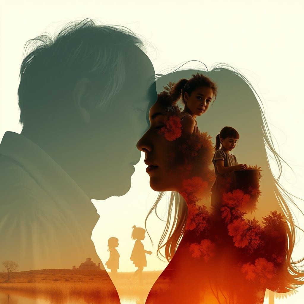 Father and Daughter Silhouettes in Dreamy Double Exposure