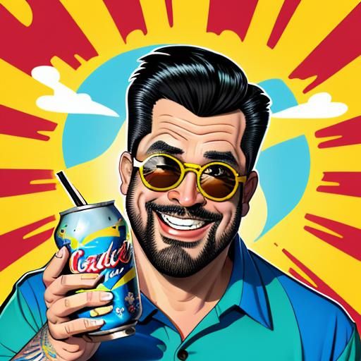 Comedic Cartoon Man Enjoying Soda in Hawaiian Shirt