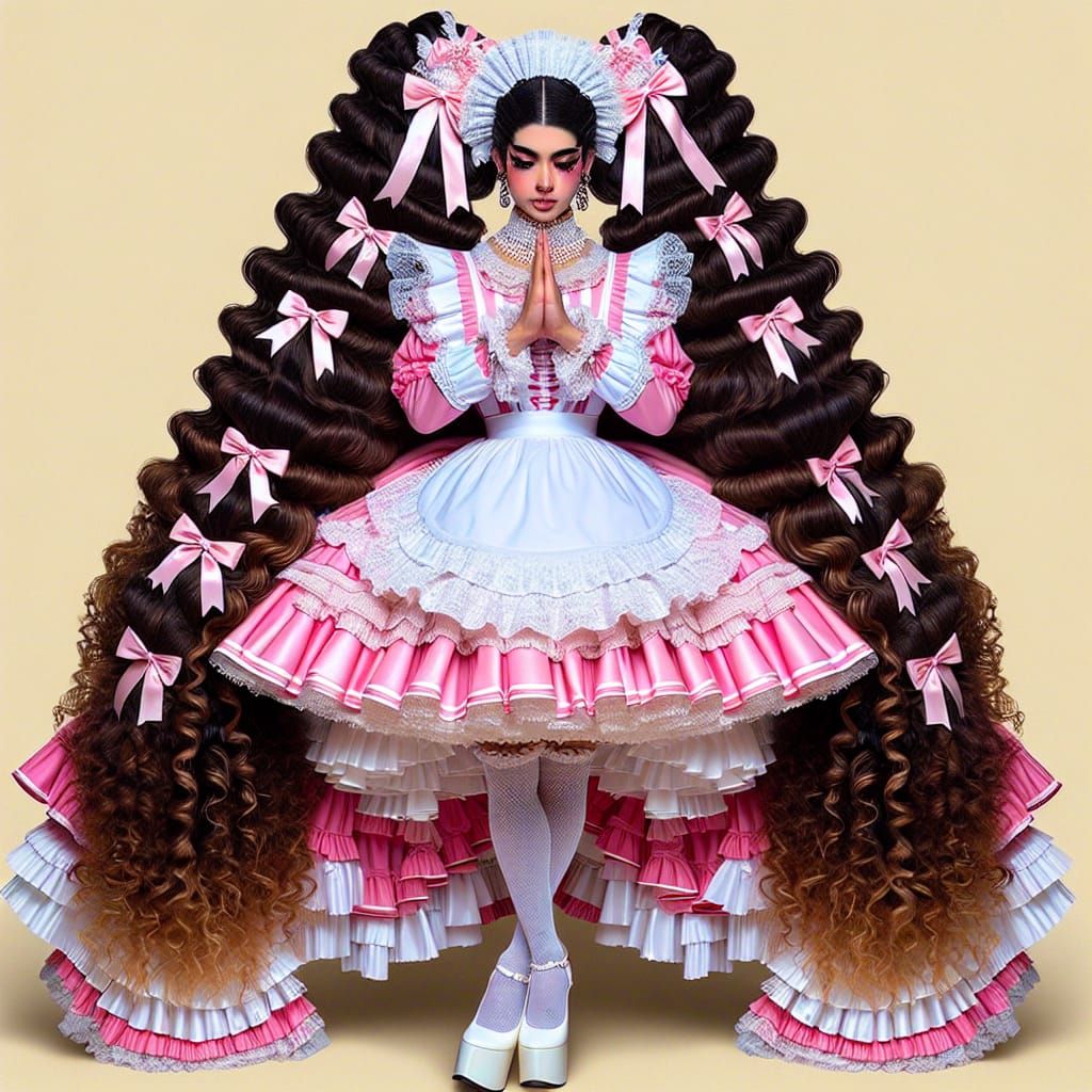 Exaggerated French Maid in Bright Satin and Ruffles