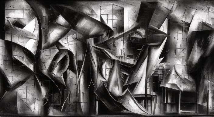 Monochrome Cubist Civilians and Animals in Avant-Garde Style