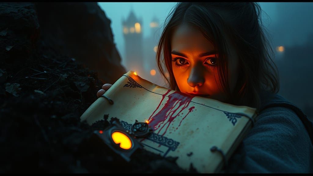 Dramatic Film Still: Woman, Amulet, and Burning City