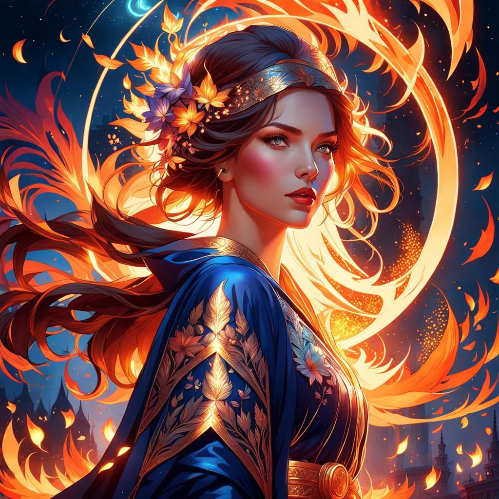 Midnight Woman Ablaze: Hyperdetailed Fantasy Portrait