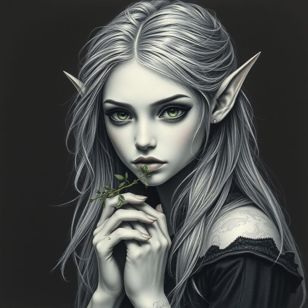 Ethereal Elf Maiden in Moody Charcoal Portrait