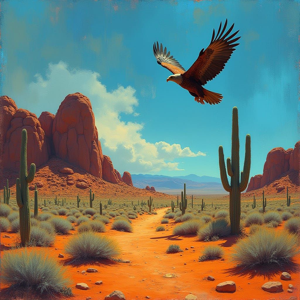 Majestic Eagle soars over a Vibrant Desert Landscape in Impr...