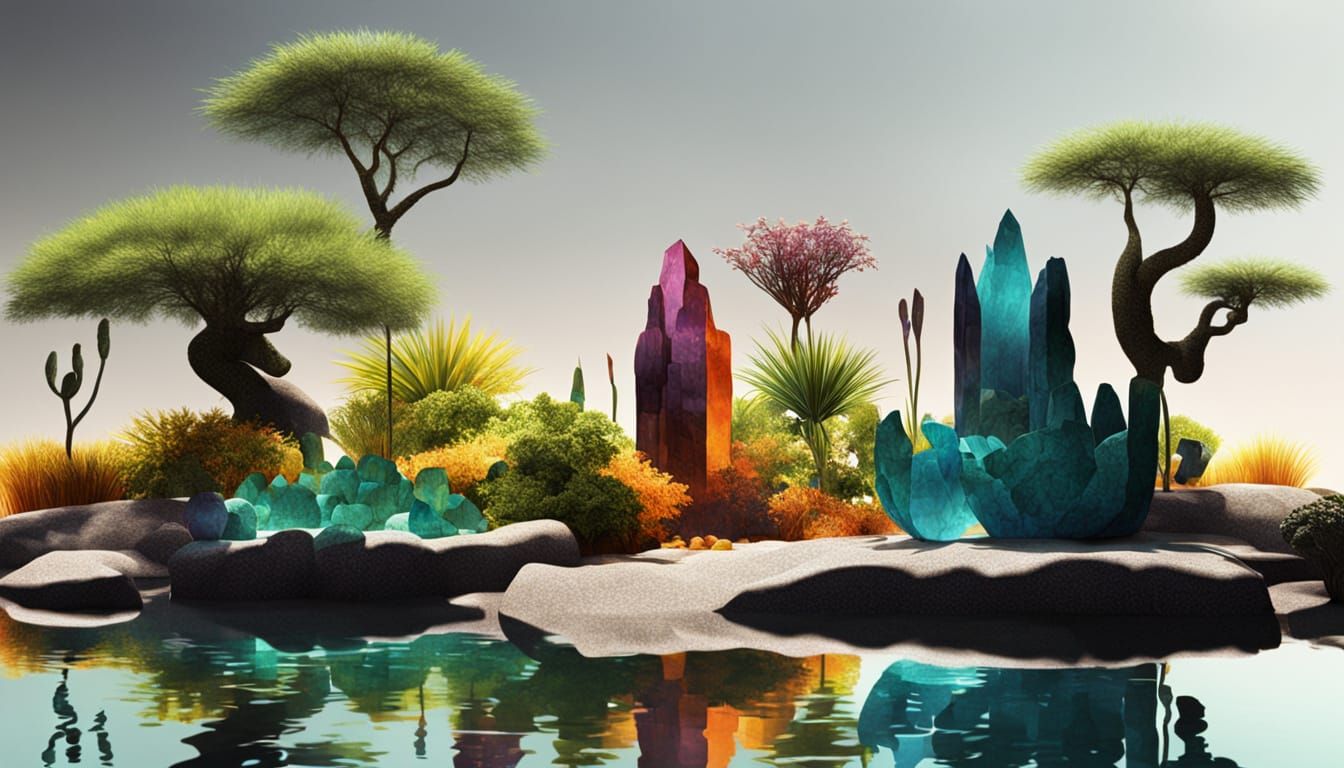 African Glass Sculptures in Stone Garden Illustration
