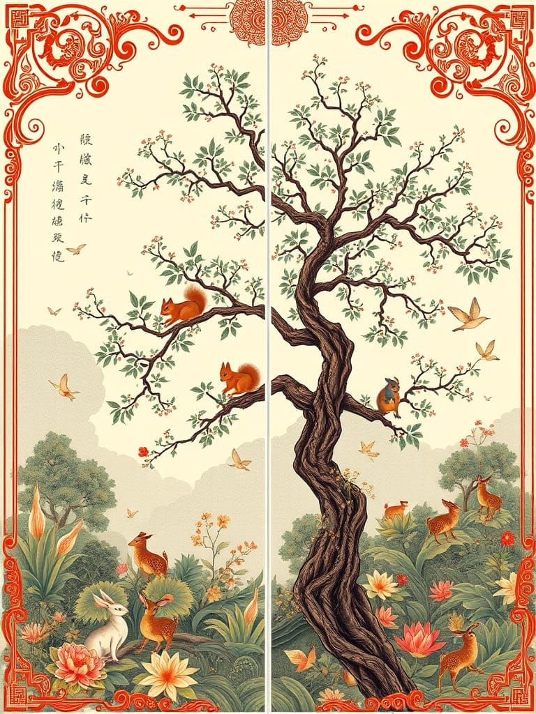 Squirrel in Tree: Indochine Chinoiserie Landscape