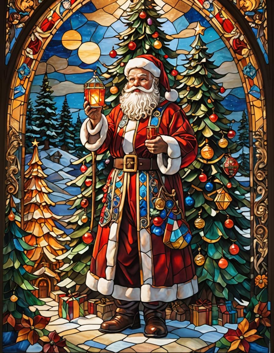Santa Claus Stained Glass Art in Ornate Style