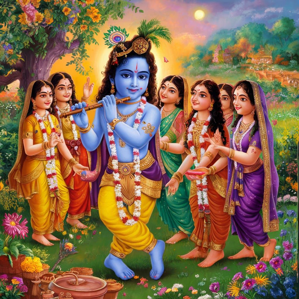 Lord Krishna's Divine Play with Gopis in Indian Countryside