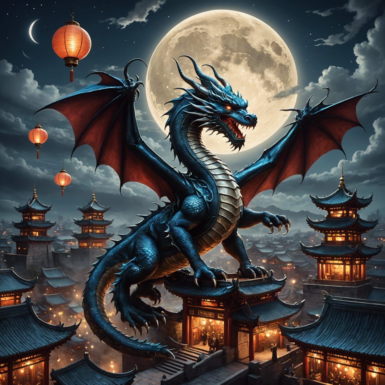 Eastern Dragon Soaring Through Moonlit Sky