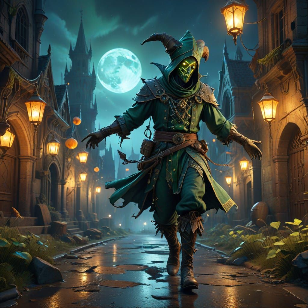 Mystical Jester in Ancient Fantasy City