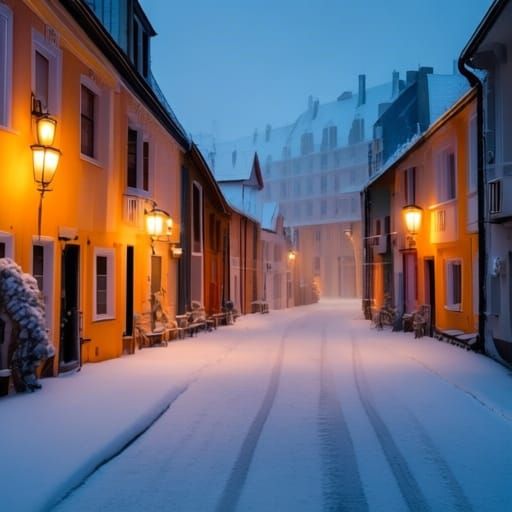Snowy European Street at Dusk in Artistic Photography