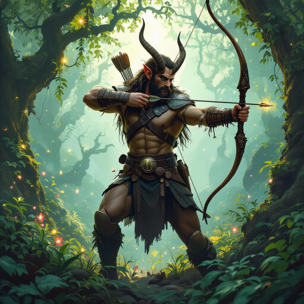 Satyr Hunter in Mystical Forest with Glowing Foliage