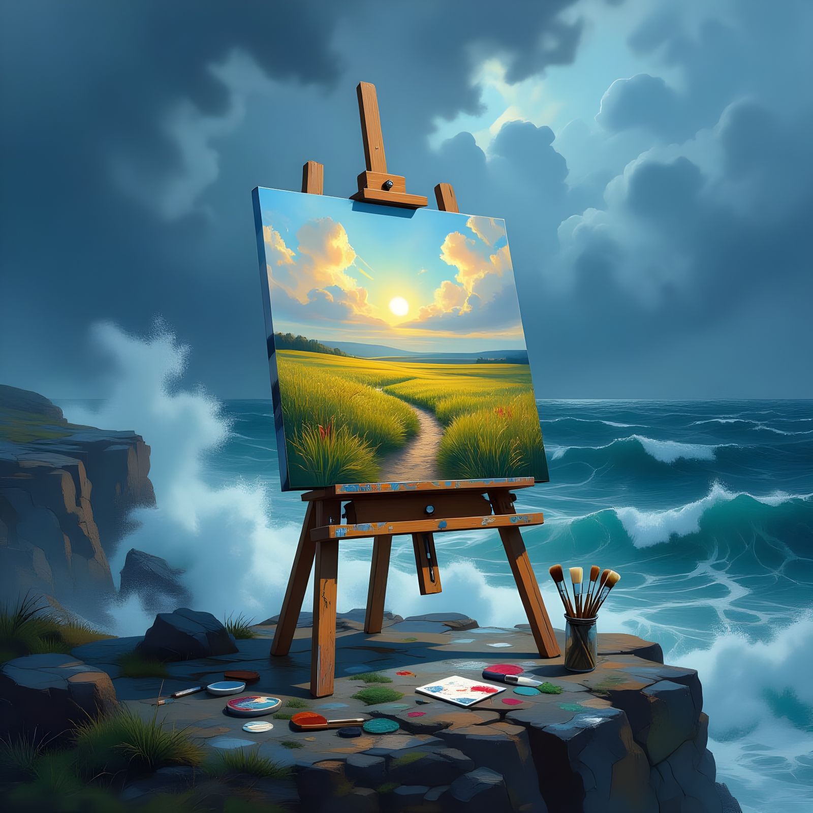 Easel on Cliff Overlooking Stormy Sea, Contrasting Meadow Ca...
