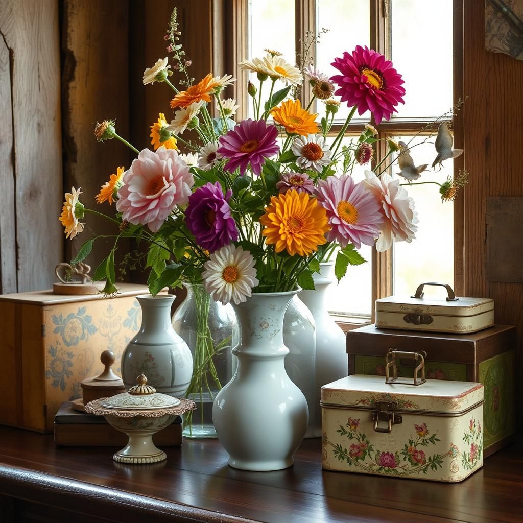 Floral Still Life with Antiques in Window Light