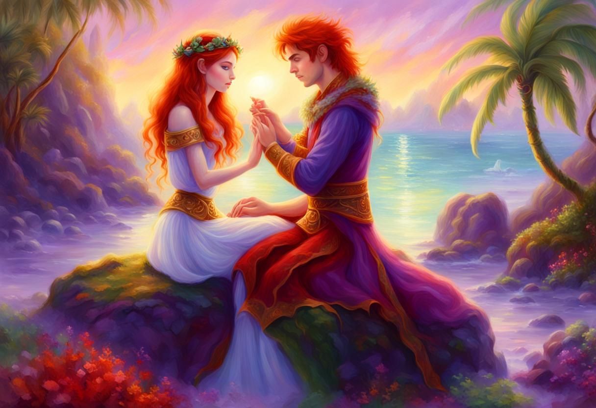 Fantastical Portrait of Red-Haired Elf King and His Queen in...