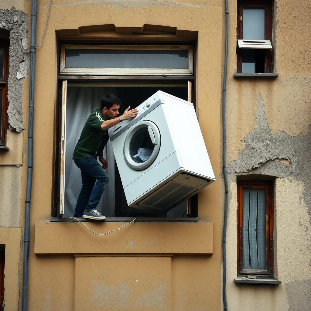 Man Pushes Washer From Crumbling Tenement